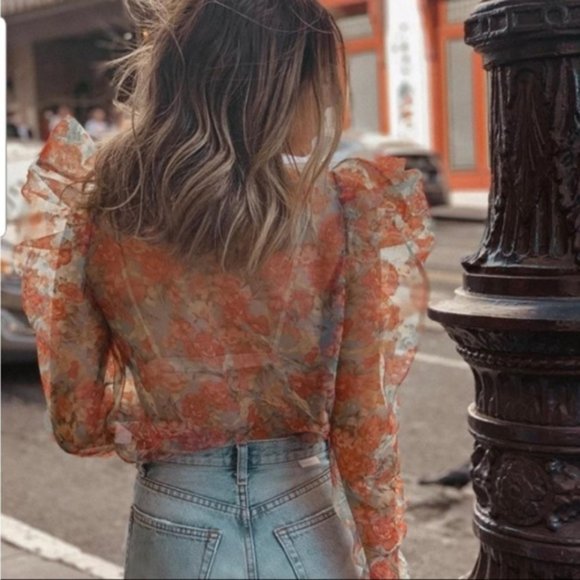 🎊🥳🎉 Host Pick! 🎊🥳🎉 NEW Zara Puff Sleeve Floral Organza Long Blouse - Picture 3 of 15